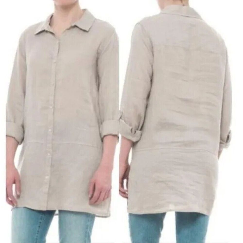 Tahari Linen sz M Button V-Neck Collared  Rollup Sleeve Boxy Loose Fit Top Tunic